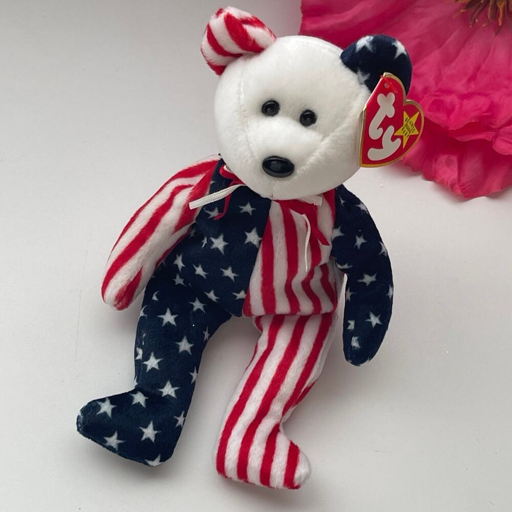 TY Beanie Baby Spangle Bear Soft Toy Retired New White Face
